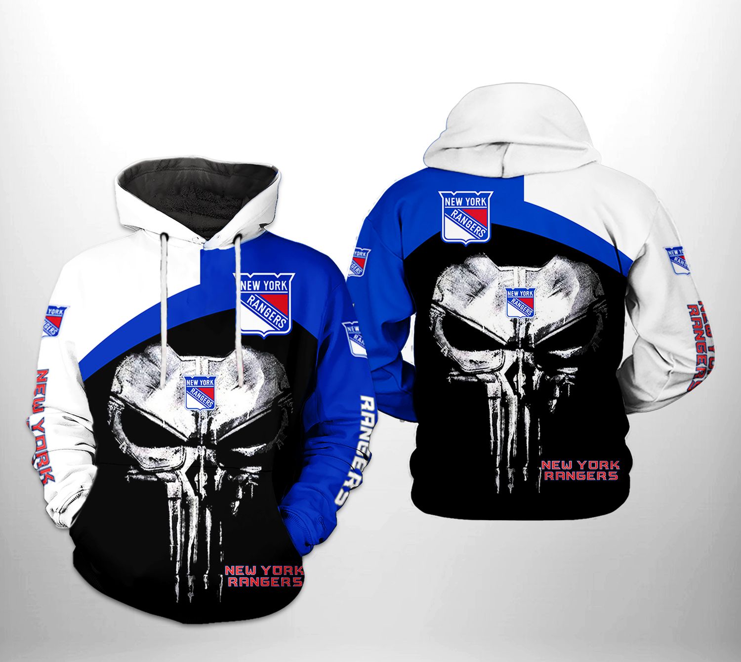 New York Rangers Nhl Skull Punisher 3D All Over Print Zip Up Hoodie Option