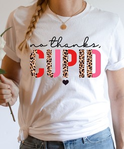 No Thanks Cupid Printed Unisex Crewneck T-Shirt, Leopard Print Shirt, Valentine's Day Shirt, Cute Vday T-Shirt