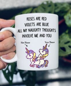 Personalised Funny Uniconrn Couple Coffee Mug, Roses Are Red Violet Are Blue Naughty Mug, Custom Name Matching Mug