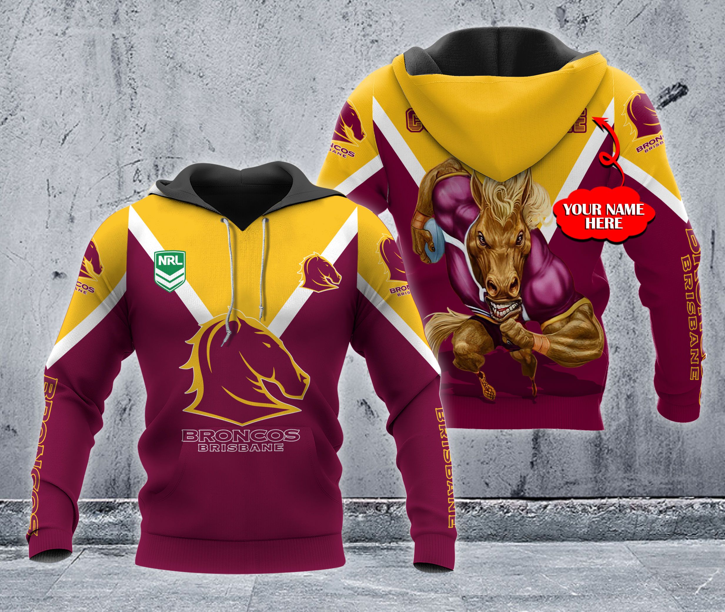 Personalized 3D Hoodie Brisbane Broncos Nrl Custom Name 3D All Over Print Zip Up Hoodie Option