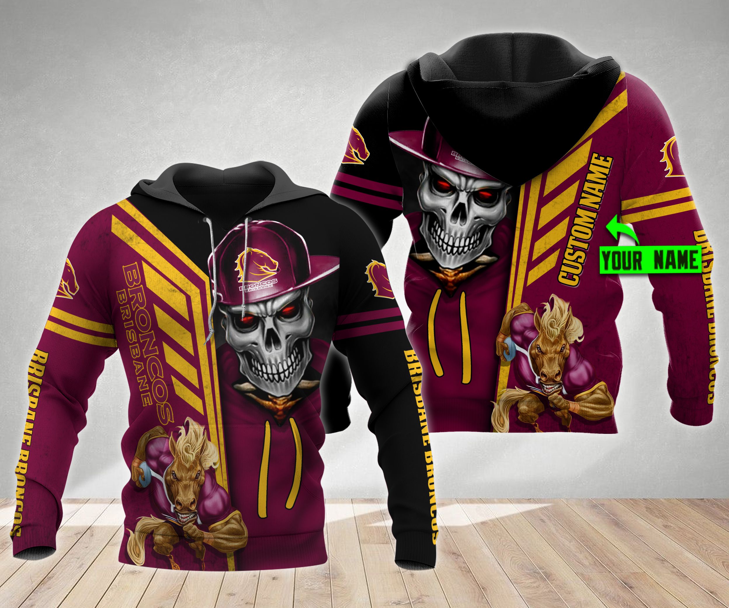Personalized 3D Hoodie Brisbane Broncos Nrl Skull Cap Custom Name 3D All Over Print Zip Up Hoodie Option
