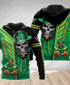 Personalized 3D Hoodie Canberra Raiders Nrl Skull Cap Custom Name 3D All Over Print Zip Up Hoodie Option