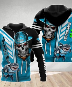 Personalized 3D Hoodie Cronulla Sutherland Sharks Nrl Skull Cap Custom Name 3D All Over Print Zip Up Hoodie Option