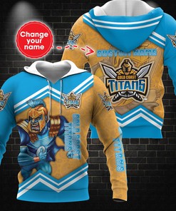 Personalized 3D Hoodie Gold Coast Titans Nrl Custom Name 3D All Over Print Zip Up Hoodie Option