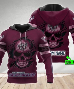 Personalized 3D Hoodie Manly Warringah Sea Eagles Nrl Skull Custom Name 3D All Over Print Zip Up Hoodie Option