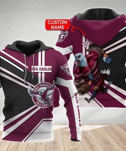 Personalized 3D Hoodie Manly Warringah Sea Eagles Vector Mascot Nrl Custom Name 3D All Over Print Zip Up Hoodie Option