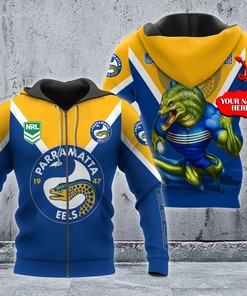 Personalized 3D Hoodie Parramatta Eels Nrl Mascot Custom Name 3D All Over Print Zip Up Hoodie Option
