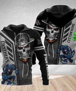 Personalized 3D Hoodie Penrith Panthers Nrl Skull Cap Custom Name 3D All Over Print Zip Up Hoodie Option