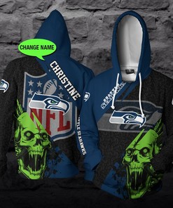 Personalized 3D Hoodie Seattle Seahawks Nfl Skull Custom Name 3D All Over Print Hoodie