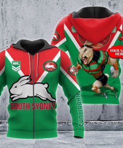 Personalized 3D Hoodie South Sydney Rabbitohs Nrl Custom Name 3D All Over Print Zip Up Hoodie Option