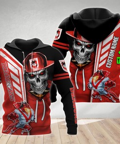 Personalized 3D Hoodie St. George Illawarra Dragons Nrl Skull Cap Custom Name 3D All Over Print Zip Up Hoodie Option