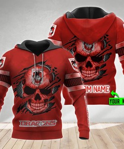 Personalized 3D Hoodie St. George Illawarra Dragons Nrl Skull Custom Name 3D All Over Print Zip Up Hoodie Option
