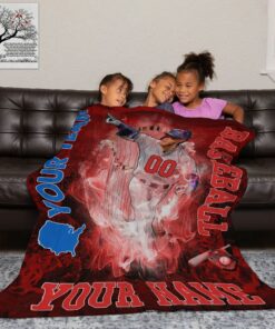 Personalized American Baseball Player In Red Background Fleece Sherpa Blanket - Sports Fan Gifts