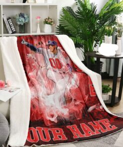 Personalized American Baseball Player In Red Background Fleece Sherpa Blanket - Sports Fan Gifts