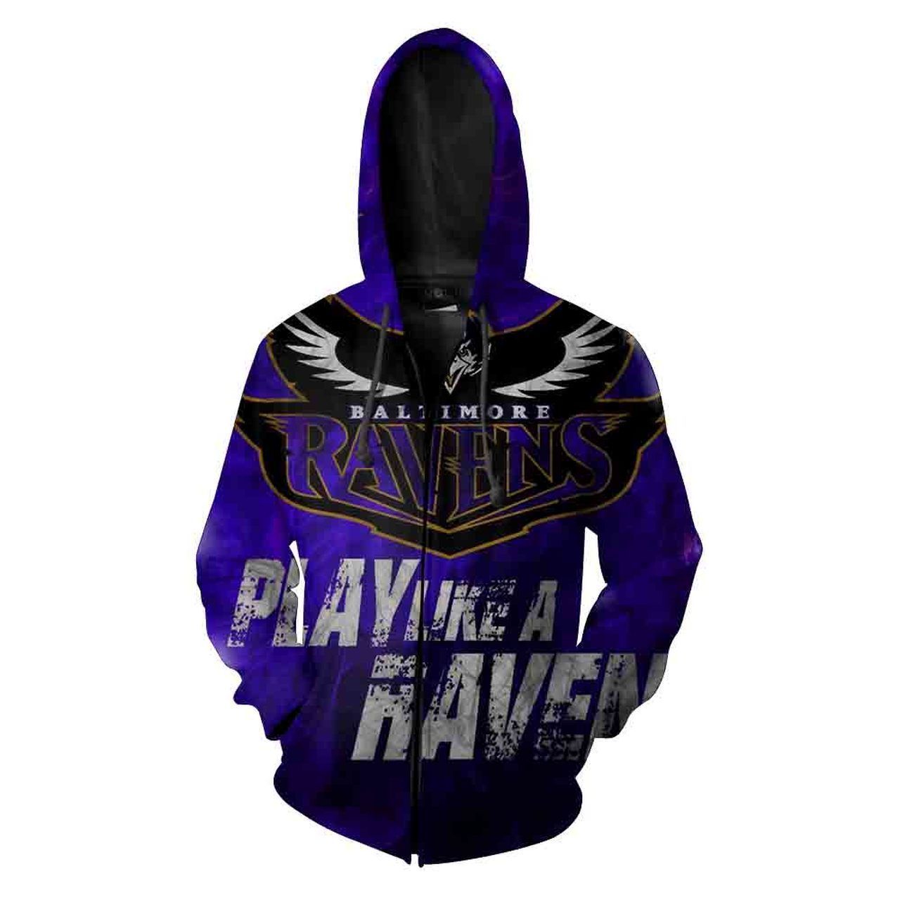 Personalized Baltimore Ravens Nfl Football Play Like A Haven Men And Women 3D All Over Print Zip Up Hoodie