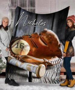 Personalized Baseball Blanket, Old Ball And Glove With Bat Custom Name Baseball Fleece Blanket, Gift For Son
