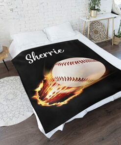 Personalized Baseball Fire Blanket With Name Soft Sherpa Fleece Throw Blankets For Men Women Birthday Gift