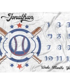 Personalized Baseball Milestone Baby Boy Blanket, Sport Themed Newborn Baby Calendar Blanket, Newborn Baby Boy Baseball Sport Age
