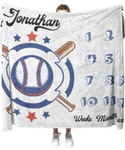 Personalized Baseball Milestone Baby Boy Blanket, Sport Themed Newborn Baby Calendar Blanket, Newborn Baby Boy Baseball Sport Age