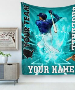 Personalized Baseball Player Pattern In Baseball Themed Fleece Sherpa Blanket