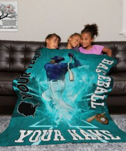 Personalized Baseball Player Pattern In Baseball Themed Fleece Sherpa Blanket