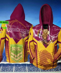 Personalized Brisbane Broncos Nrl Lightning Mascot 3D Hoodie Custom Name 3D All Over Print Zip Up Hoodie Option