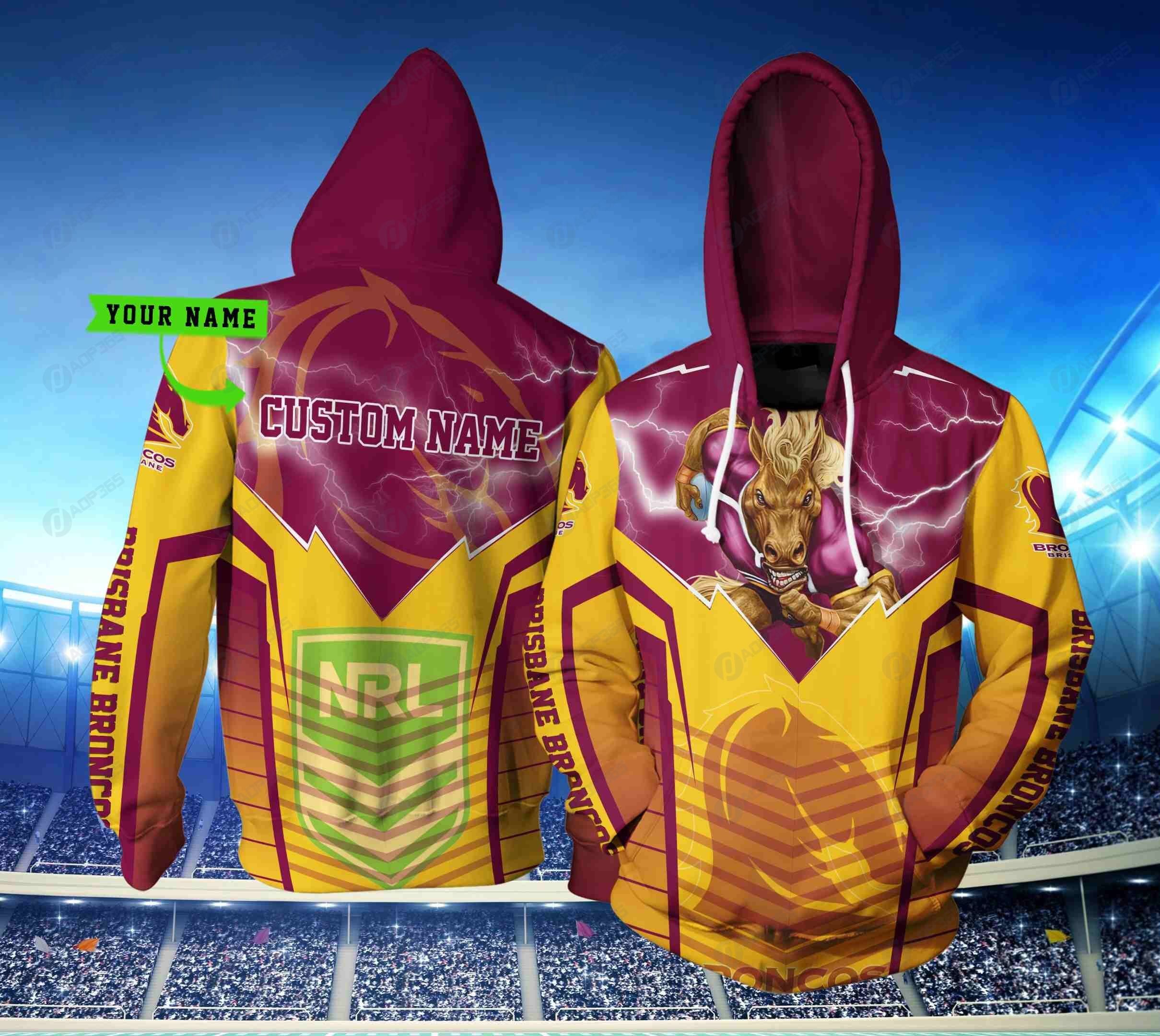 Personalized Brisbane Broncos Nrl Lightning Mascot 3D Hoodie Custom Name 3D All Over Print Zip Up Hoodie Option