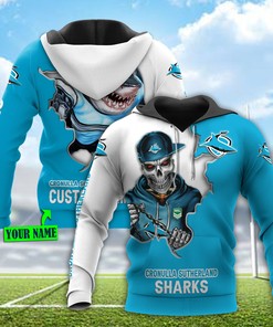 Personalized Cronulla Sutherland Sharks 3D Hoodie Nrl 3D Hoodie Mascot Skull Custom Name 3D All Over Printed Hoodie