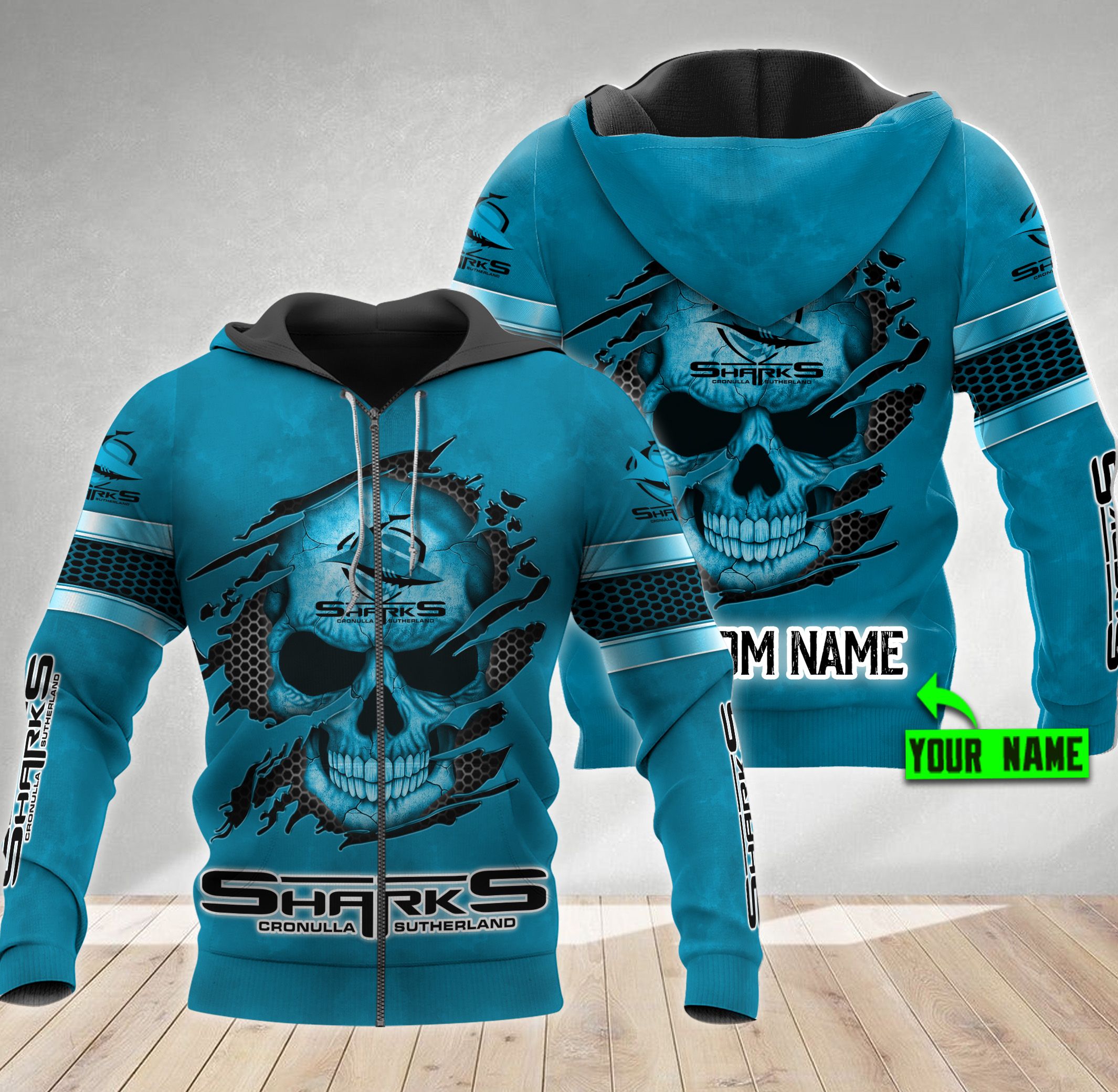 Personalized Cronulla Sutherland Sharks Nrl Skull Custom Name 3D All Over Print Hoodie