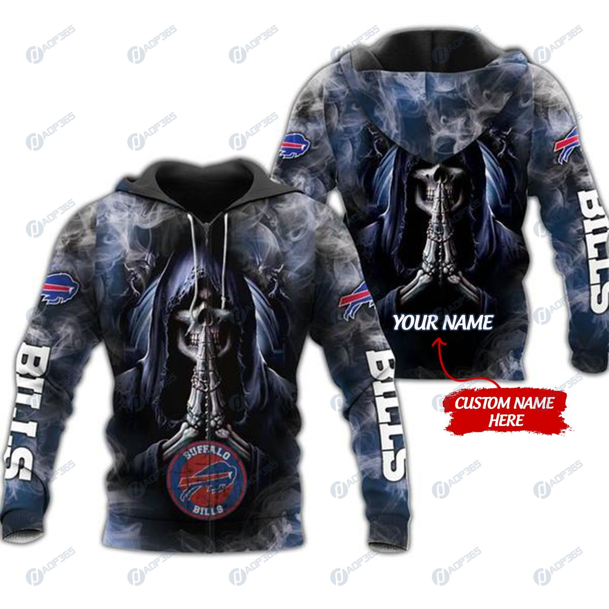 Personalized Custom 3D Hoodie Buffalo Bills Skull Nfl Custom Name 3D All Over Print Hoodie