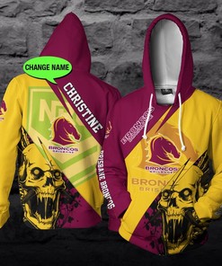 Personalized Custom Name Sports Brisbane Broncos Nrl Skull 3D All Over Print Zip Up Hoodie Option