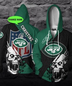 Personalized Dug 3D Hoodie New York Jets Nfl Skull Custom Name 3D All Over Printed Hoodie