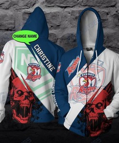 Personalized Dug 3D Hoodie Sydney Roosters Nrl Skull Custom Name 3D All Over Printed Hoodie