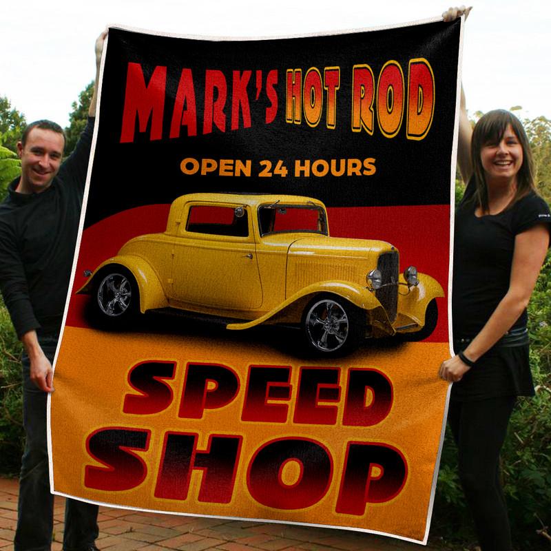 Personalized Hot Rod Garage Blanket Bluefink