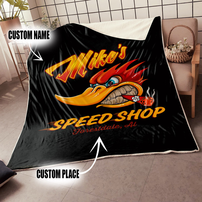 Personalized Hot Rod Mr. Horsepower Woodpecker Garage Speed Shop Kustom Kultrure Old School Blanket