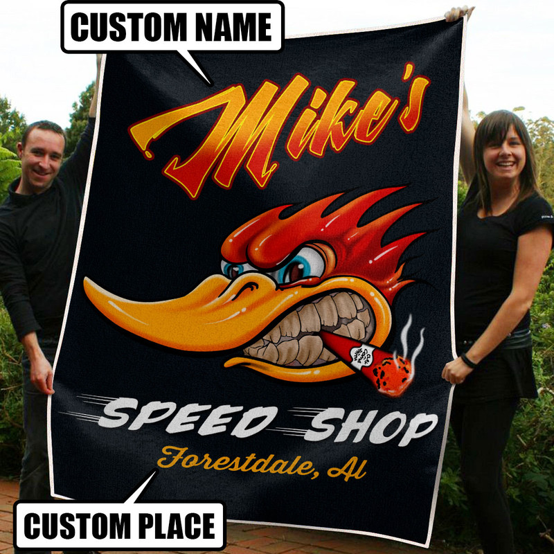 Personalized Hot Rod Mr. Horsepower Woodpecker Garage Speed Shop Kustom Kultrure Old School Blanket