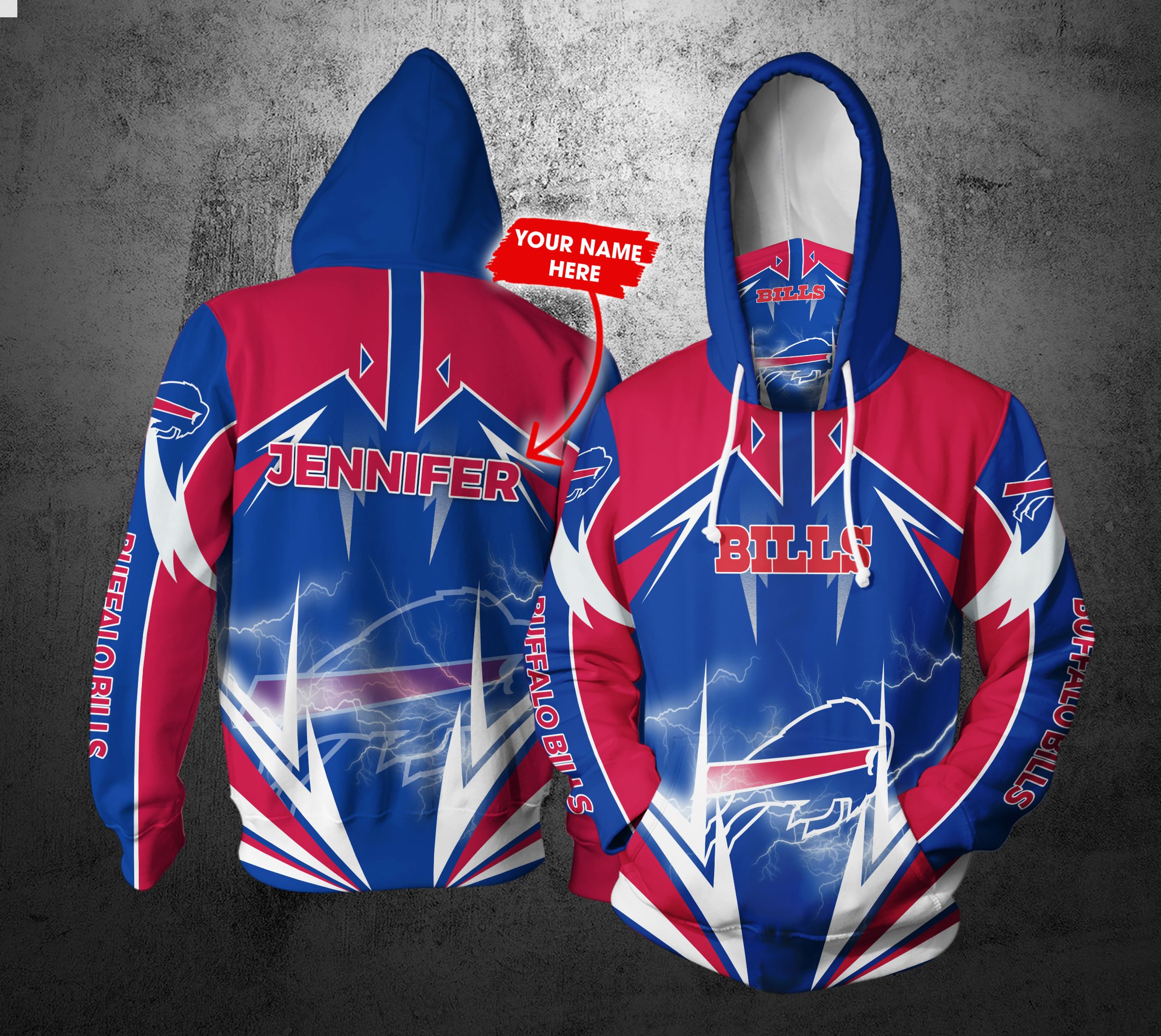 Personalized Nfl Gaiter Hoodie Buffalo Bills Gaiter Hoodie Lightning Custom Name 3D All Over Printed Hoodie