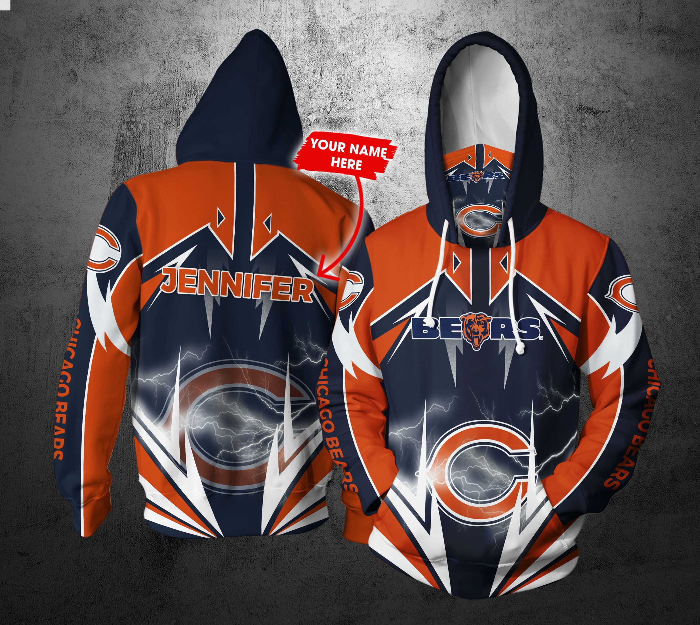 Personalized Nfl Gaiter Hoodie Chicago Bears Gaiter Hoodie Lightning Custom Name 3D All Over Print Hoodie