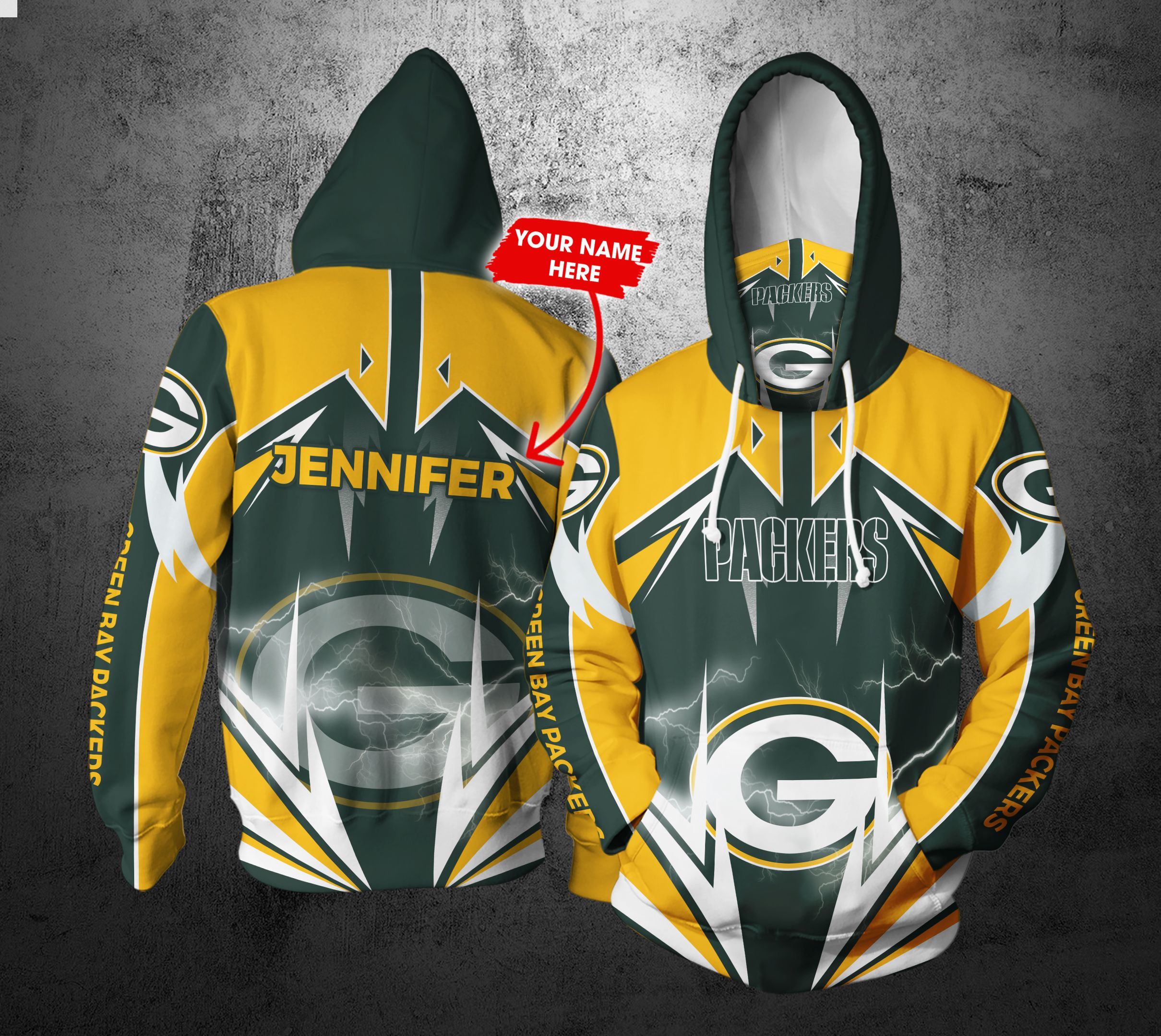 Personalized Nfl Gaiter Hoodie Green Bay Packers Gaiter Hoodie Lightning Custom Name 3D All Over Printed Hoodie
