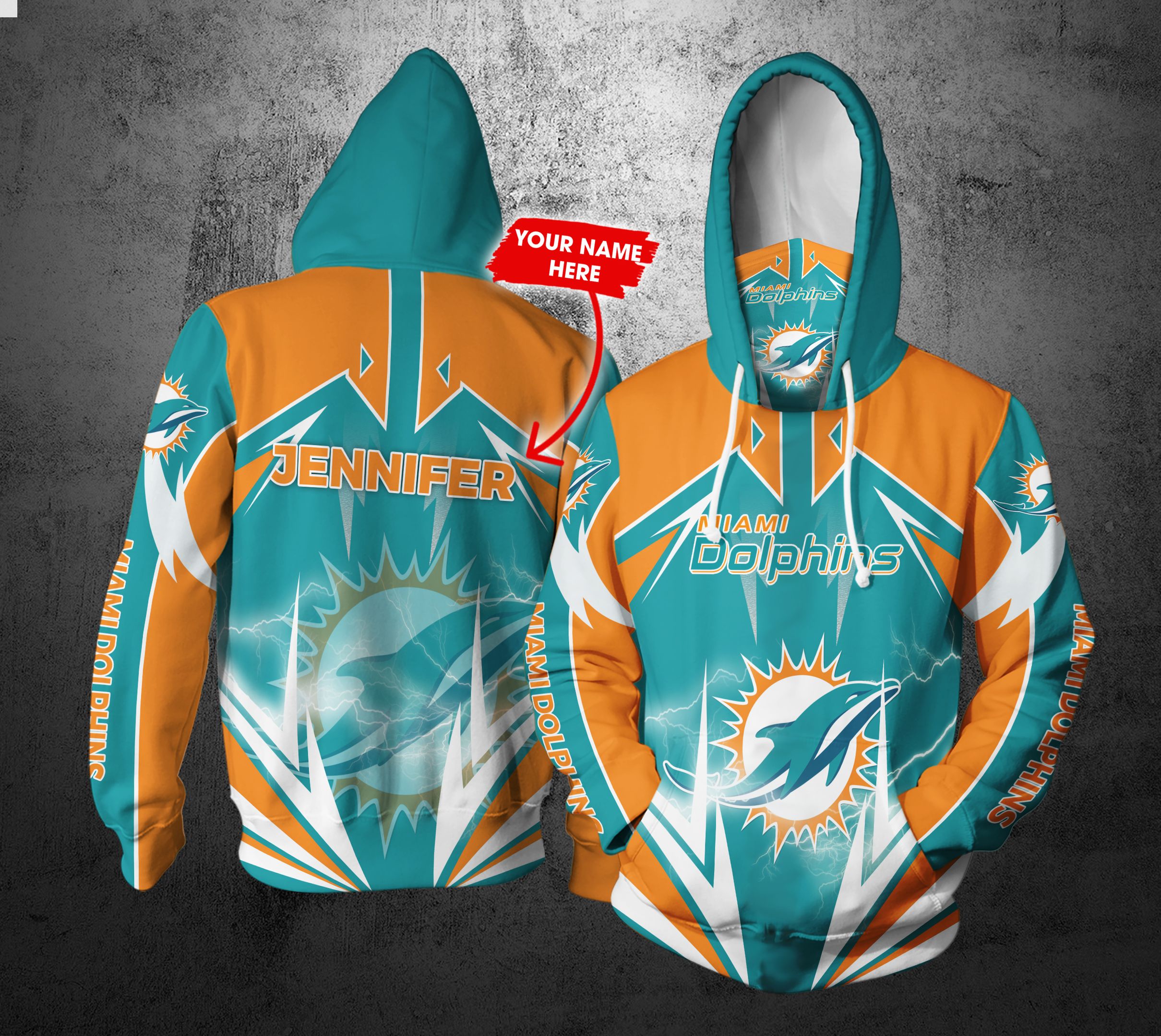 Personalized Nfl Gaiter Hoodie Miami Dolphins Gaiter Hoodie Lightning Custom Name 3D All Over Printed Hoodie
