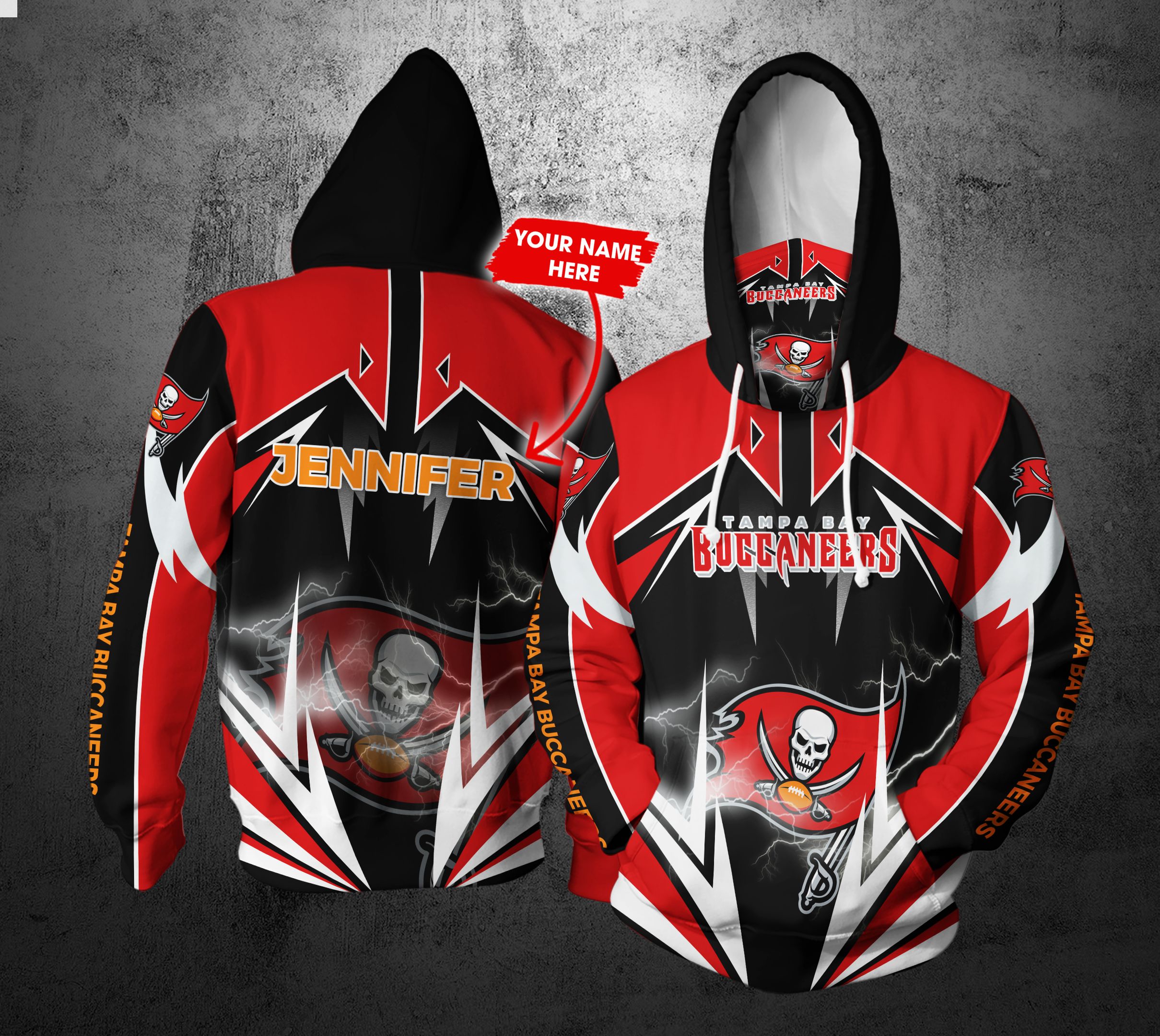 Personalized Nfl Gaiter Hoodie Tampa Bay Buccaneers Gaiter Hoodie Lightning Custom Name 3D All Over Printed Hoodie