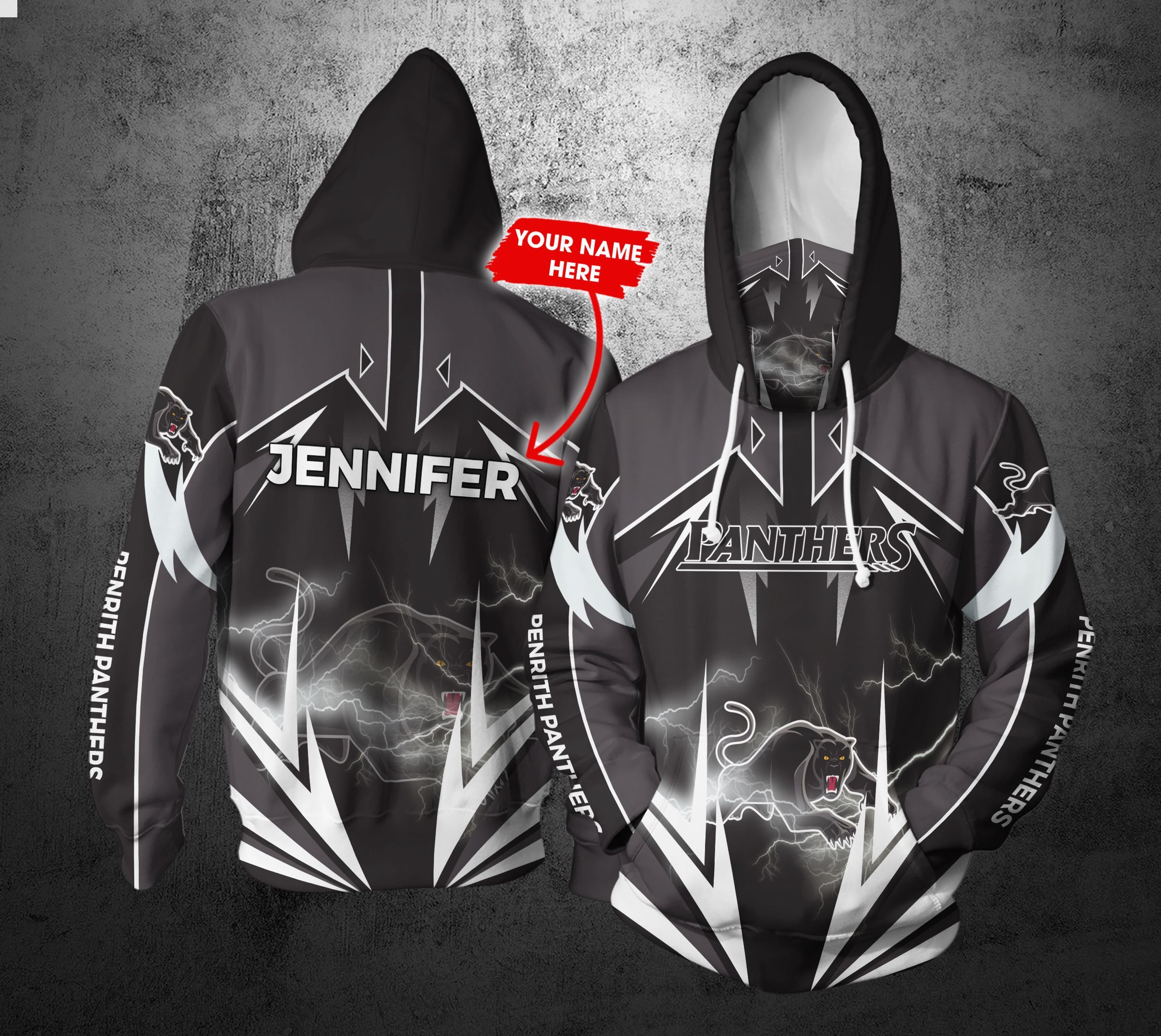 Personalized Nrl Gaiter Hoodie Penrith Panthers Gaiter Hoodie Lightning Custom Name 3D All Over Printed Hoodie