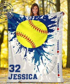 Personalized Name Number Baseball Blanket, Custom Softball Blue Watercolor Love