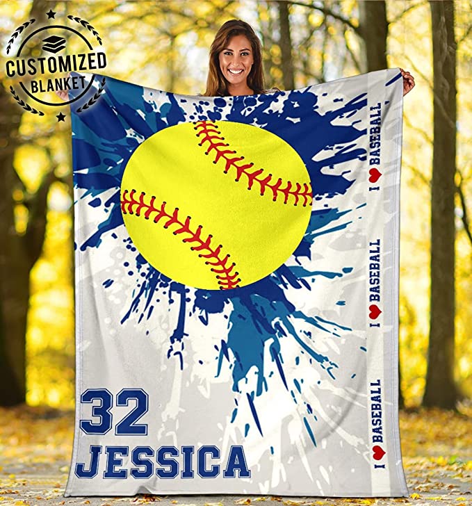 Personalized Name Number Baseball Blanket, Custom Softball Blue Watercolor Love