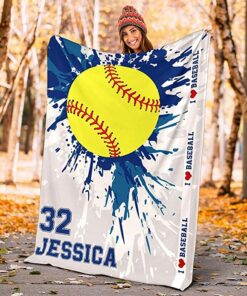 Personalized Name Number Baseball Blanket, Custom Softball Blue Watercolor Love