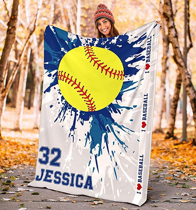 Personalized Name Number Baseball Blanket, Custom Softball Blue Watercolor Love