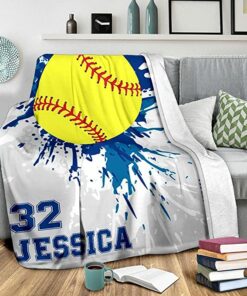Personalized Name Number Baseball Blanket, Custom Softball Blue Watercolor Love