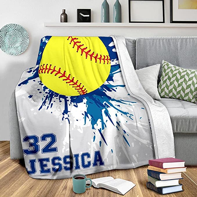 Personalized Name Number Baseball Blanket, Custom Softball Blue Watercolor Love