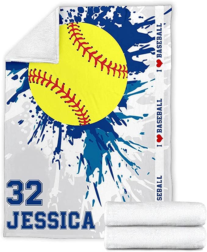 Personalized Name Number Baseball Blanket, Custom Softball Blue Watercolor Love