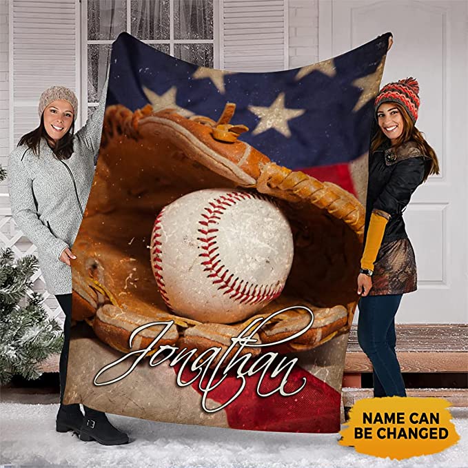 Personalized Name Sport Baseball Blanket, Baseball American Flag Blanket